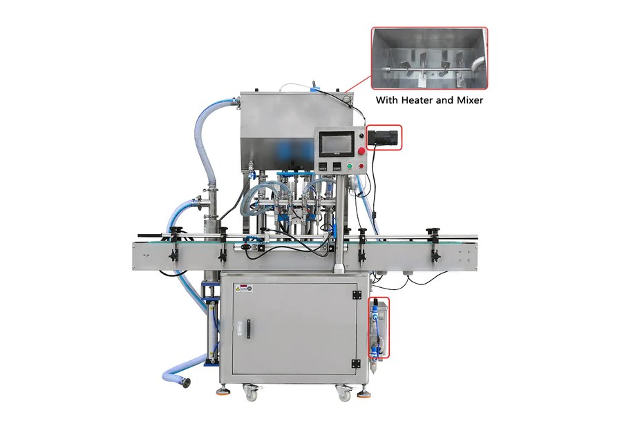 Product image of an automatic paste filling machine with hopper and conveyor